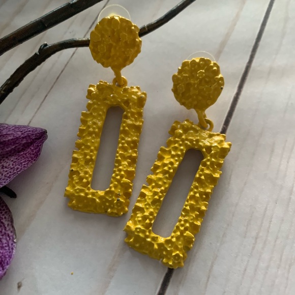 Jewelry - Yellow Rectangle Textured Drop Alloy Earrings